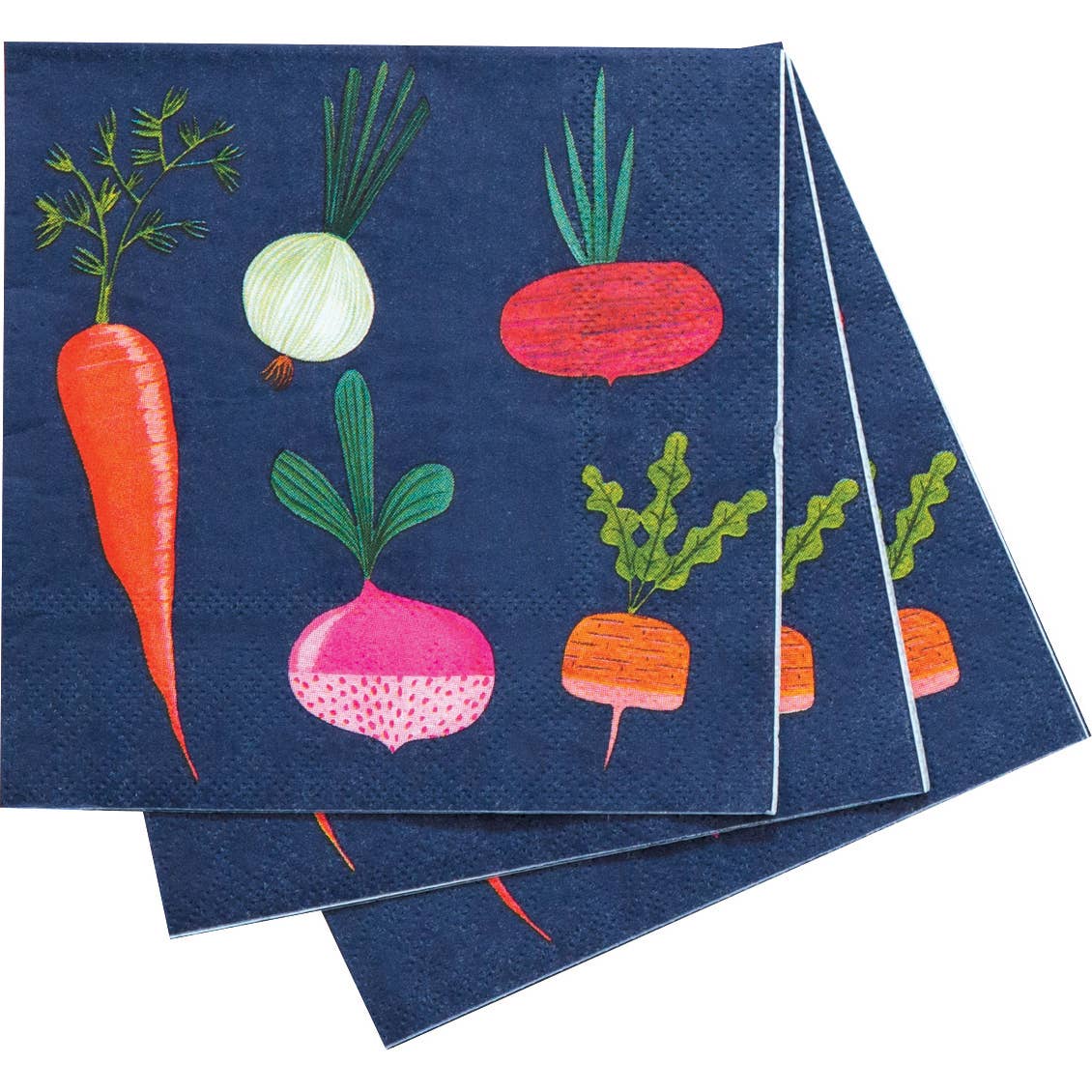 Napkins with colorful vegetable illustrations on a blue background