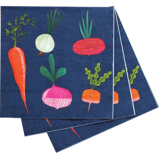 Napkins with colorful vegetable illustrations on a blue background