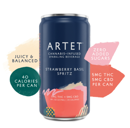 A can of Artet Strawberry Basil Spritz with the text 'ARTET' prominently displayed, along with additional details about the product being a cannabis-infused sparkling beverage with 5mg THC and 5mg CBD, 40 calories per can, and zero added sugars.