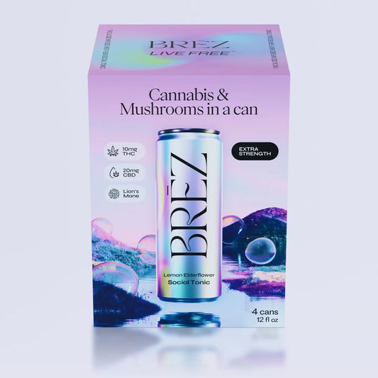 Brez can packaging with a purple background