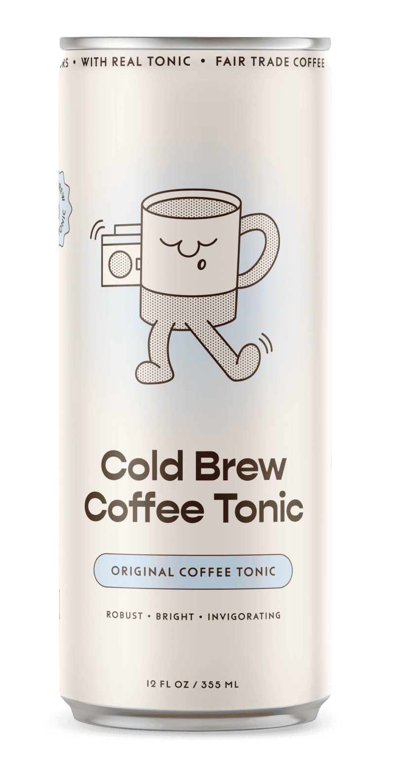 Can of Cold Brew Coffee Tonic with a cartoon cup design on a green background