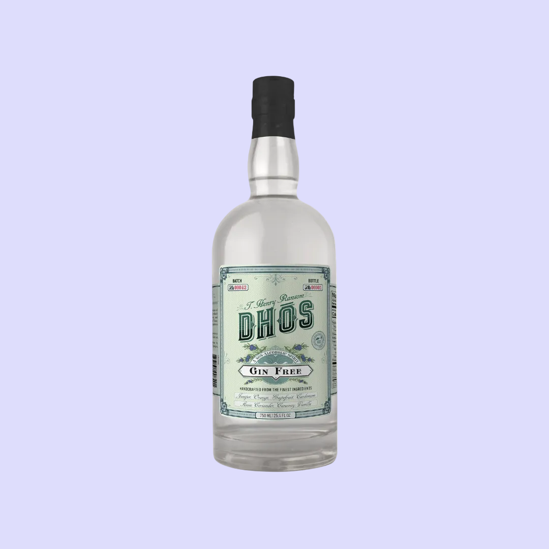 A clear bottle containing a colorless liquid with a label that reads 'DHOS Gin Free'.
