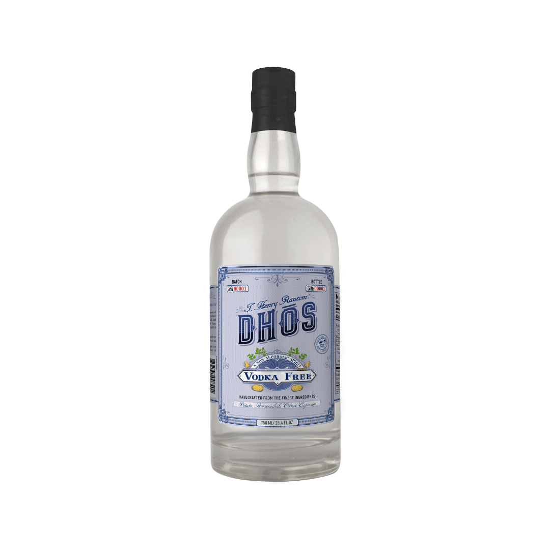 Clear bottle with blue label DHOS vodka free