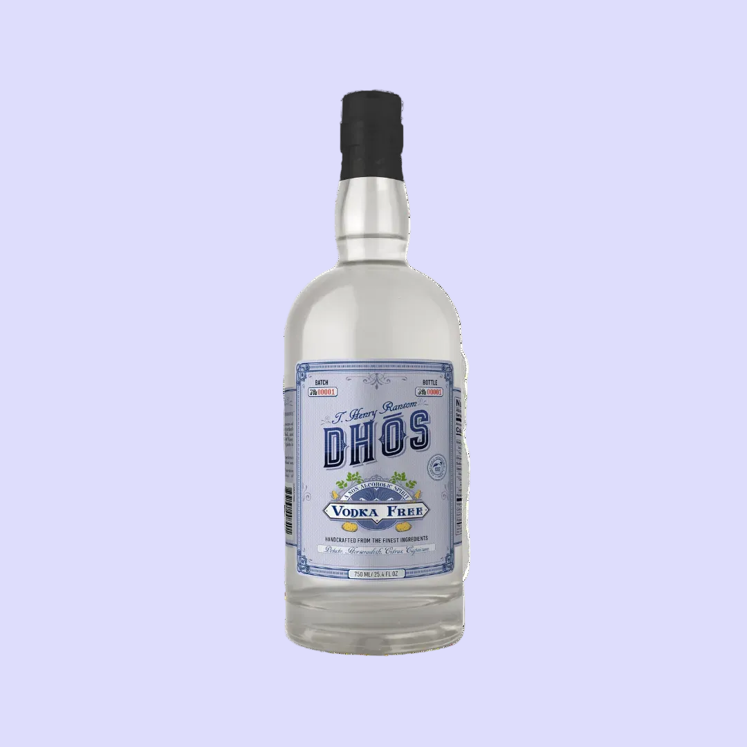 Clear bottle with blue label DHOS vodka free