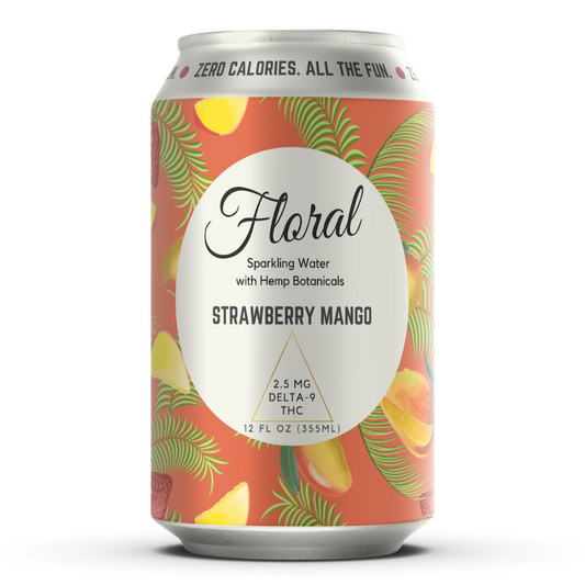 A can of Floral Sparkling Water with Hemp Botanicals, flavor Strawberry Mango, with a tropical design on the label.