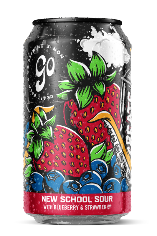 A can of Go Brewing's New School Sour beer with an illustration of a strawberry and a blueberry on it.