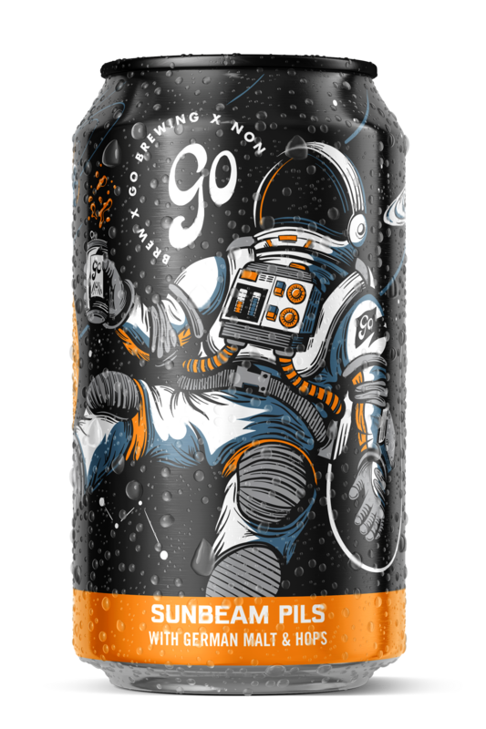 A can of Go Brewing Sunbeam Pilsner featuring an illustration of an astronaut.