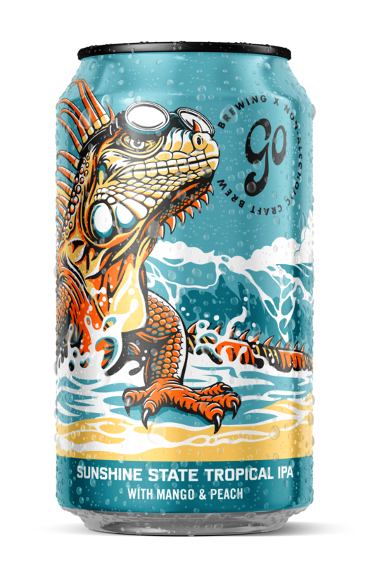 A can of Go Brewing Sunshine State Tropical IPA with an illustration of a dinosaur on it, indicating flavors of mango and peach.