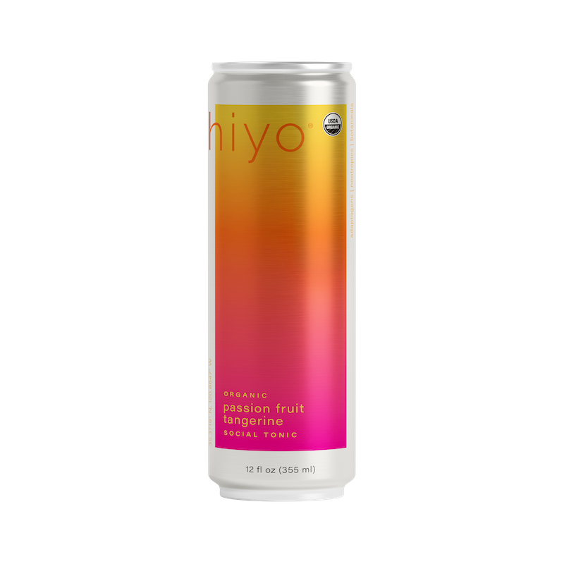 Can of 'Hiyi' organic passion fruit tangerine social tonic with a colorful label on a white background.