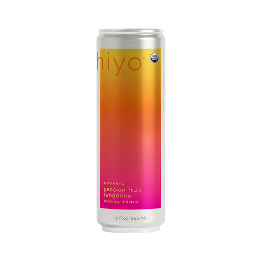 Can of 'Hiyi' organic passion fruit tangerine social tonic with a colorful label on a white background.