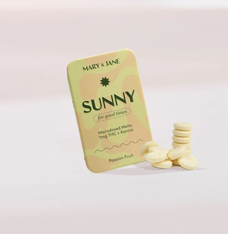 Mary & Jane Sunny product packaging with white pills on a light background