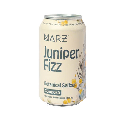 A can of Marz Juniper Fizz Botanical Seltzer with the text '30mg CBD' highlighted, indicating its content.