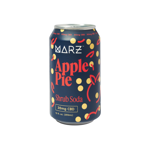 A can of Marz Apple Pie Shrub Soda with decorative elements in the design, indicating it contains 30mg CBD and is 12 fl oz.