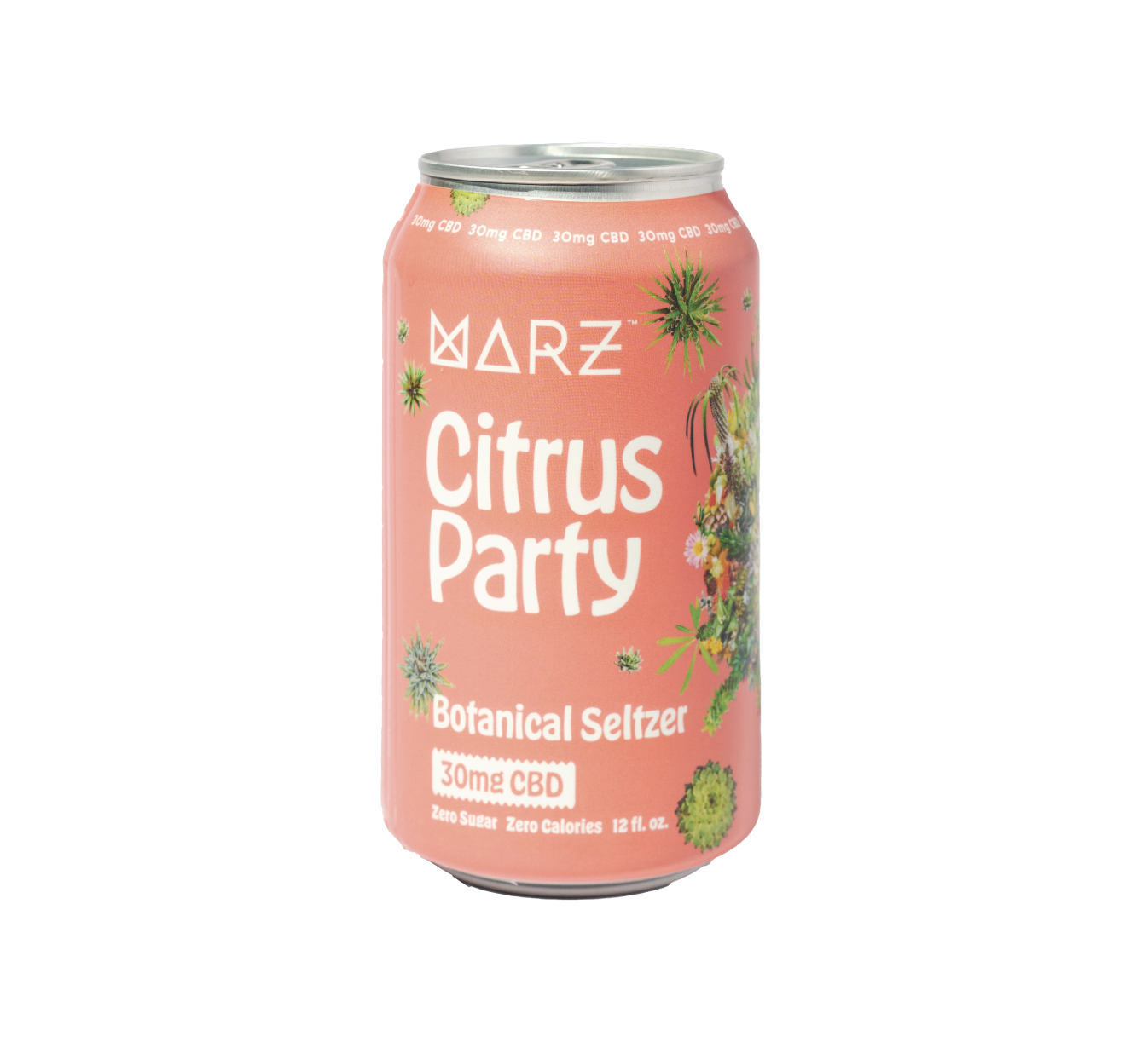 A can of Marz Citrus Party Botanical Seltzer with a colorful design featuring orange, grapefruit, lemon, and lime fruits along with a representation of hops and hemp.