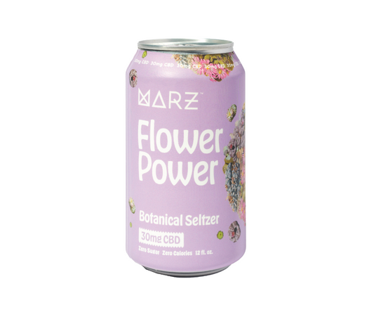 A can of Marz Flower Power Botanical Seltzer with a floral design and purple color.