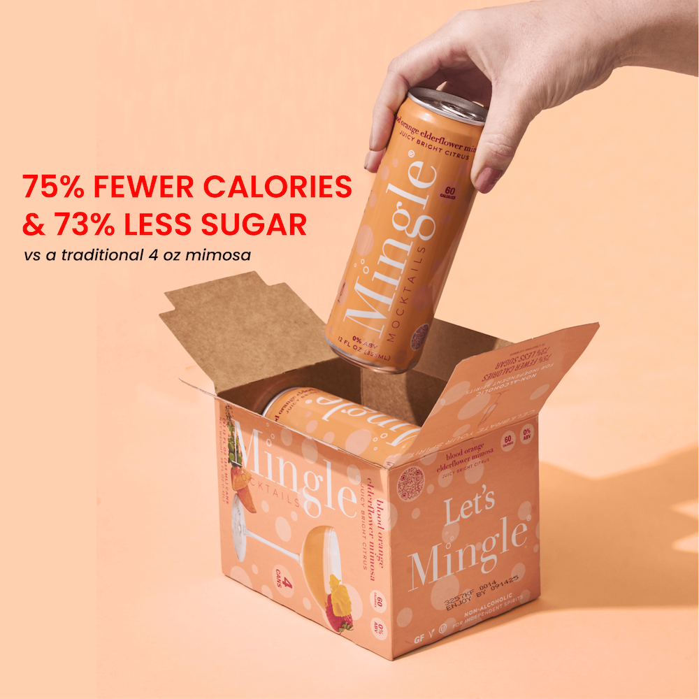 A person's hand placing a can of Mingle Blood Orange Elderflower Mimosa into an open box labeled 'Let's Mingle.' The image highlights the product with text comparing its lower calories and sugar content to a traditional mimosa.