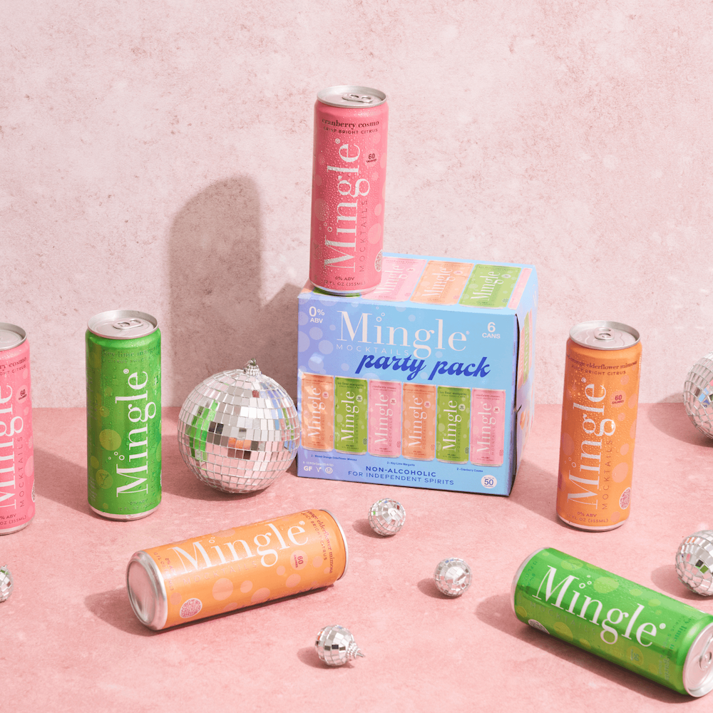 A variety of canned drinks arranged on a surface, with packaging indicating different flavors such as Blood Orange, Cranberry, and Key Lime. A party theme is suggested with decorative balls and a box labeled 'Mingle party pack'.
