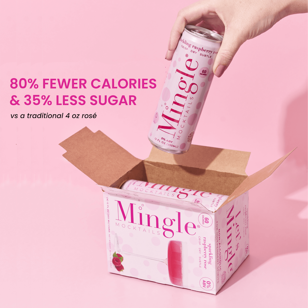 A hand holding a can of Mingle Sparkling Raspberry Rosé above a box labeled 'Mingle' with text highlighting 80% fewer calories and 35% less sugar compared to traditional rose.