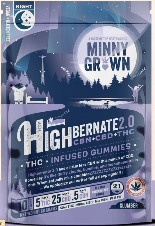 Minny Grown Highbernate 2.0 THC-infused gummies packaging with night scene design.