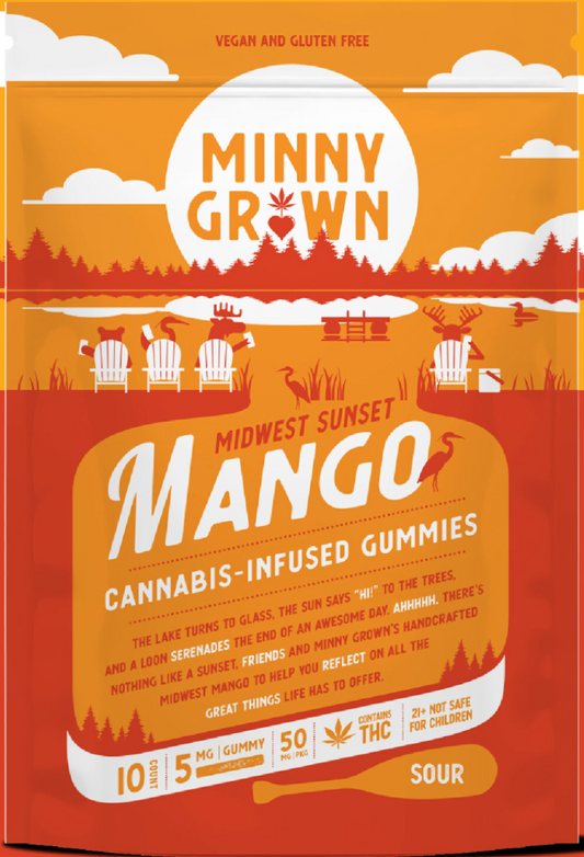 Minny Grown Mango cannabis-infused gummies packaging with a scenic design.