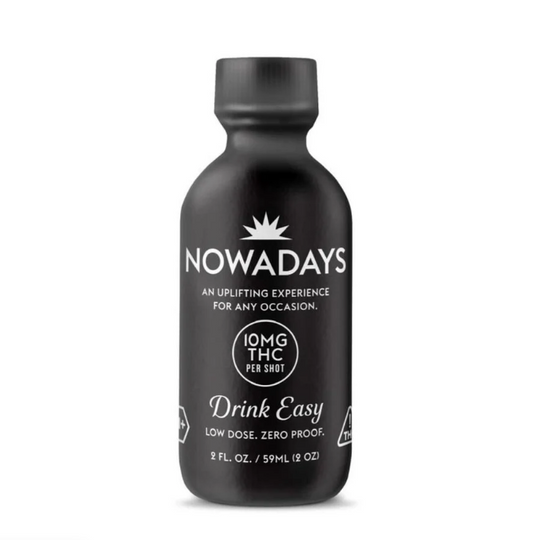 A black bottle labeled 'NOWADAYS' with text indicating it is a cannabis infused spirit, containing 10mg THC, designed to be consumed easily and provides an uplifting experience.