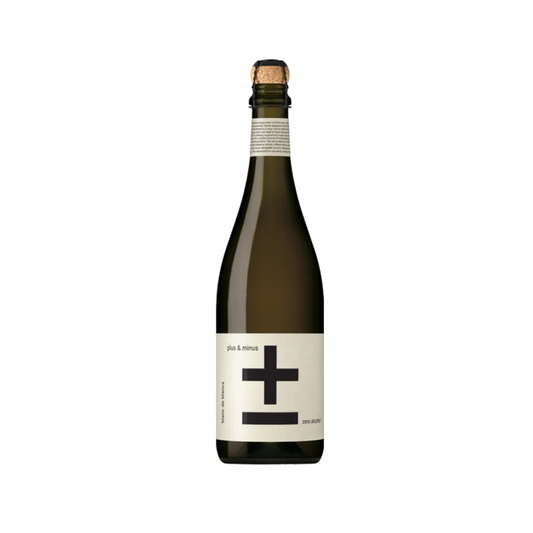 A bottle of Black Sheep plus & minus blanc de blancs wine with a white label featuring a black cross symbol.