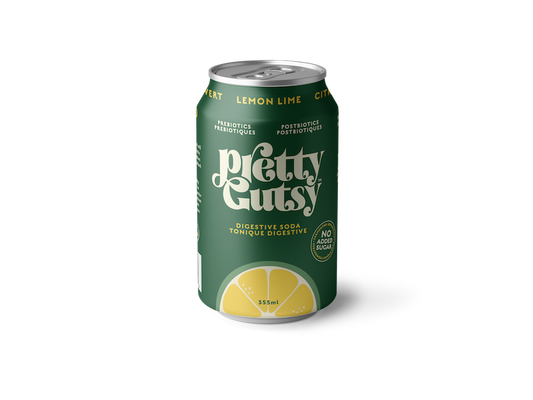 A can of Pretty Gutsy Digestive Soda with Lemon Lime flavor, indicating it’s a 4-pack.