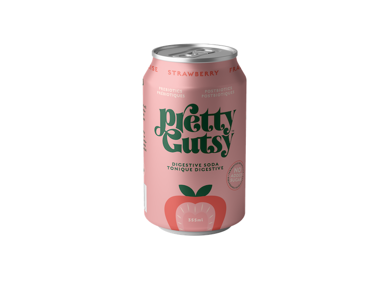 A can of Pretty Gutsy Digestive Soda Strawberry, which is pink in color with a graphic of a gut and strawberry slices.