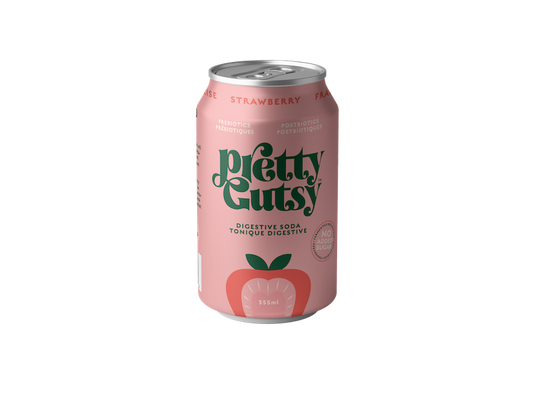 A can of Pretty Gutsy Digestive Soda Strawberry, which is pink in color with a graphic of a gut and strawberry slices.