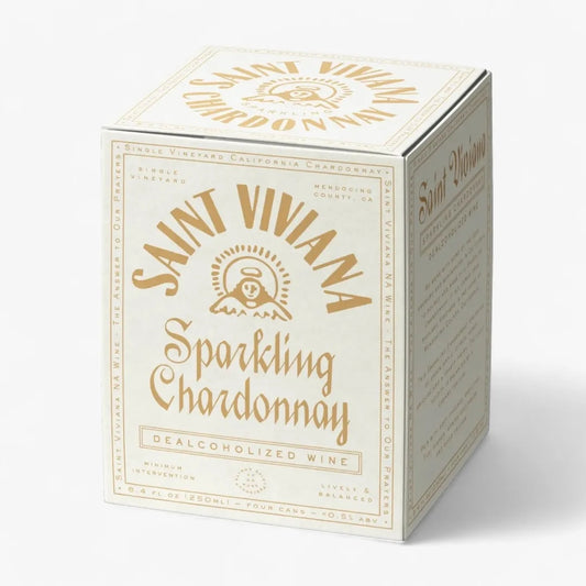 A packaged box of Saint Viviana Sparkling Chardonnay wine with branding and product information visible.