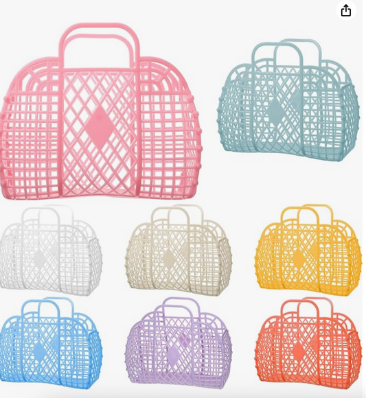 Set of colorful woven handbags on a white background