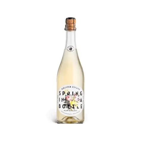 Bottle of Spring in a Bottle wine with cork on a white background