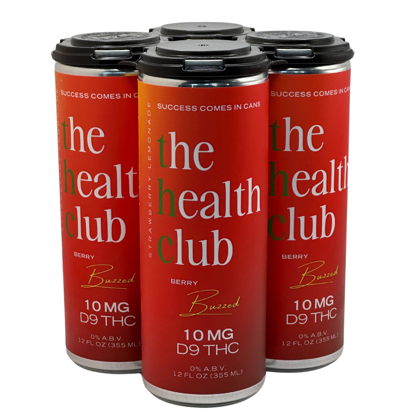 Three red cans of 'the health club' with black lids on a white background