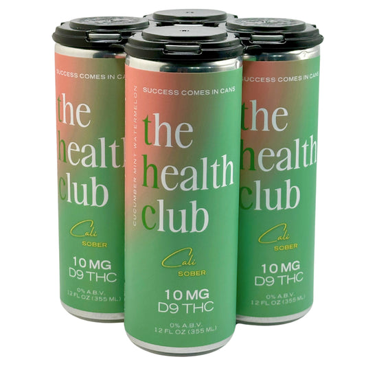 Three cans of 'the health club' with green and pink design on a white background