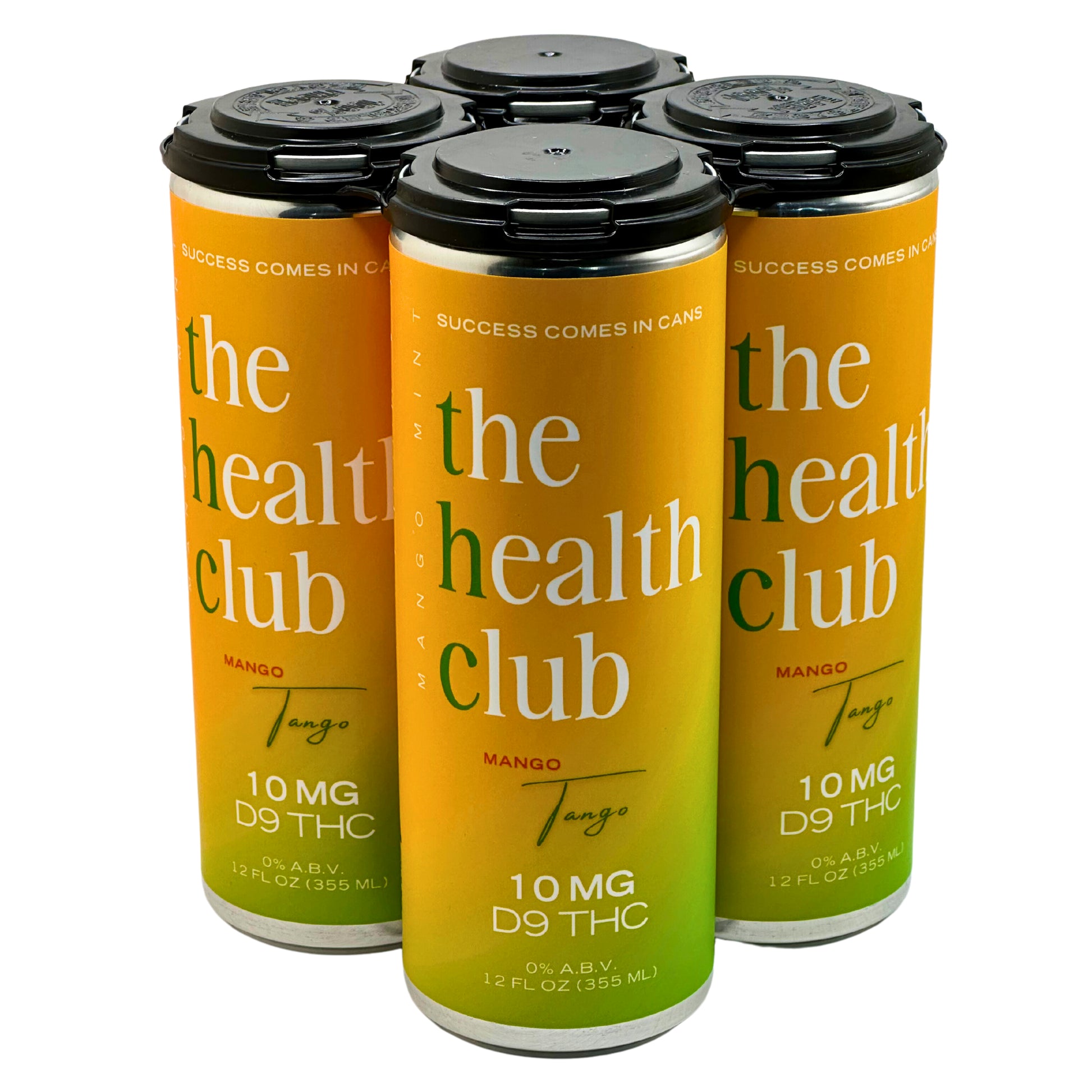 Four cans of 'the health club' mango Tango D9 THC product on a white background