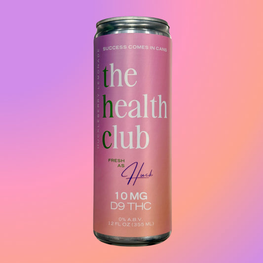 Pink can labeled 'the health club' with text on a gradient background