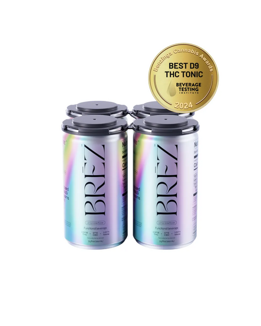 Two cans of BREZ sparkling beverage with a multicolor design and a gold badge stating 'BEST THC TONIC'.