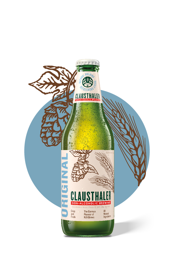Green bottle of Clausthaler non-alcoholic beer with label on a white background