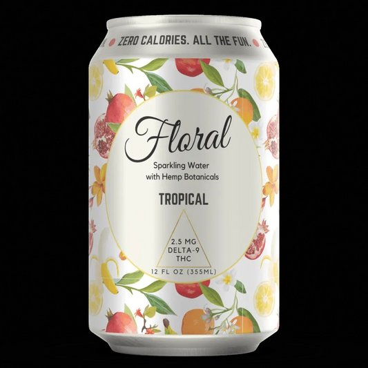 This image features a can of "Floral" brand sparkling water, infused with tropical botanicals. The can is stylishly decorated with a vibrant, colorful floral pattern and clear labeling that specifies the product as zero-calorie with added hemp botanicals.