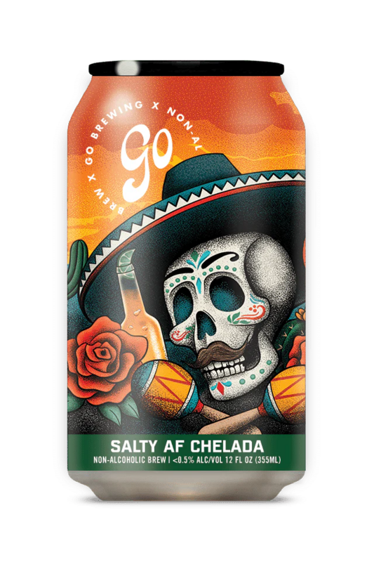 A can of Go Brewing Salty AF Chelada featuring a graphic design with a skull wearing a sombrero, a tequila shot, and decorative elements in red and green.