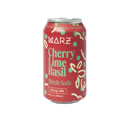 A can of Marz Cherry Lime Basil Shrub Soda with a red background and green decorative elements, indicating a 30mg CBD content.