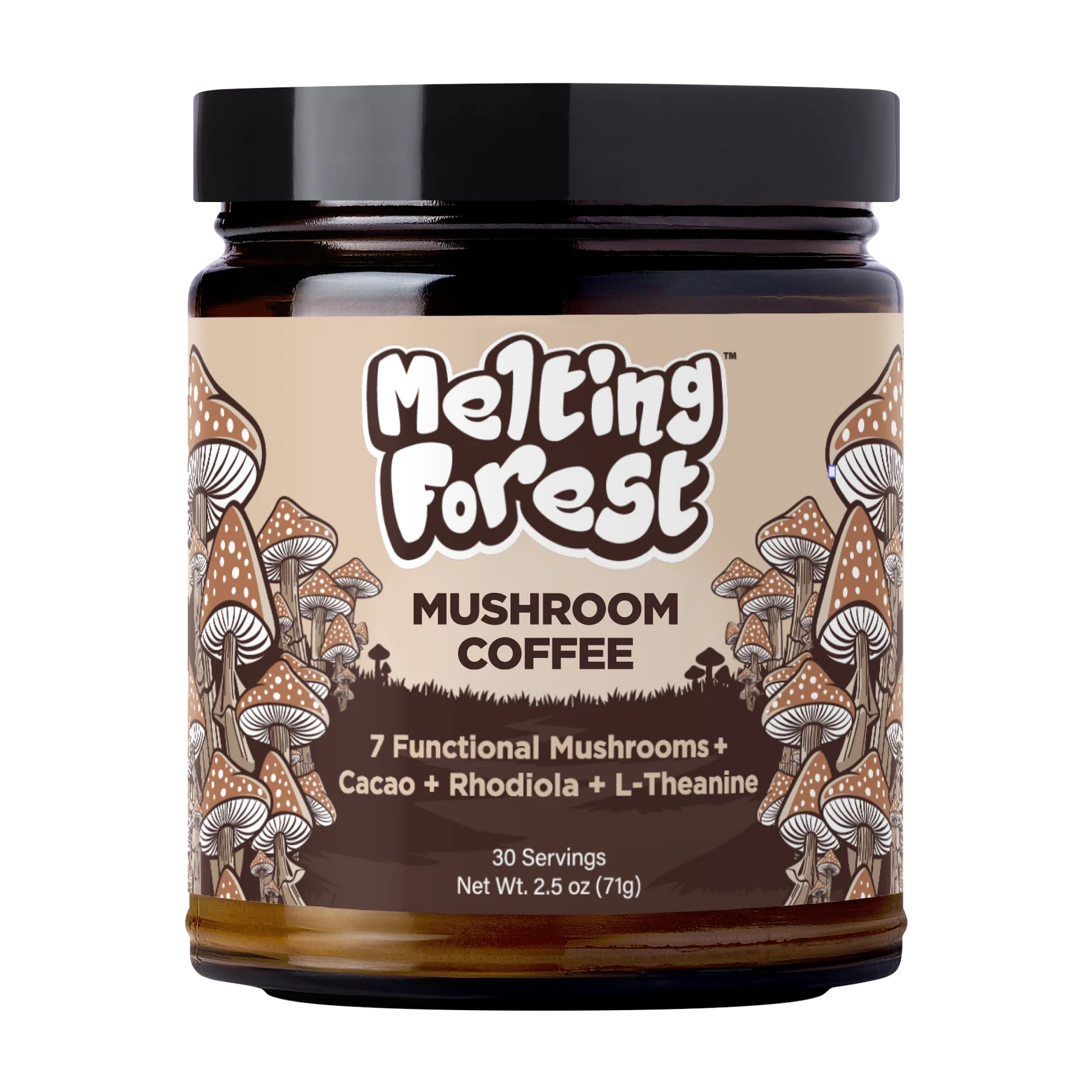 Jar of Melting Forest Mushroom Coffee with mushroom illustrations on a beige background