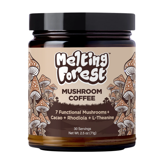 Jar of Melting Forest Mushroom Coffee with mushroom illustrations on a beige background