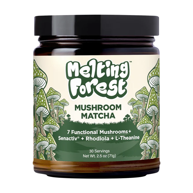 Jar of Melting Forest Mushroom Matcha with mushroom illustrations on a white background