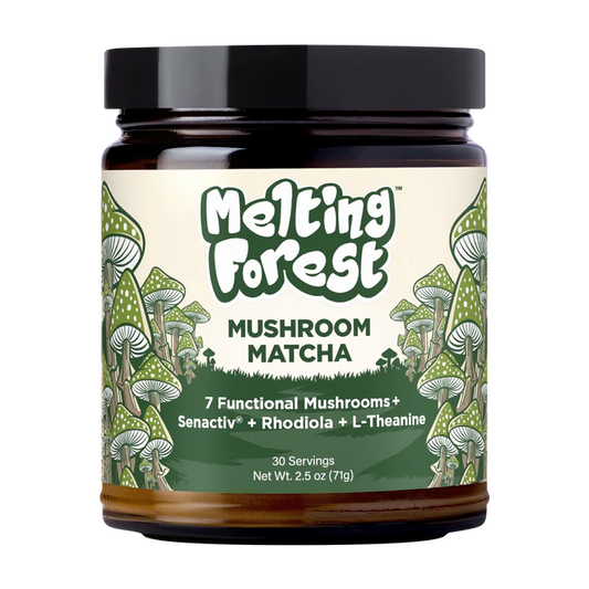 Jar of Melting Forest Mushroom Matcha with mushroom illustrations on a white background