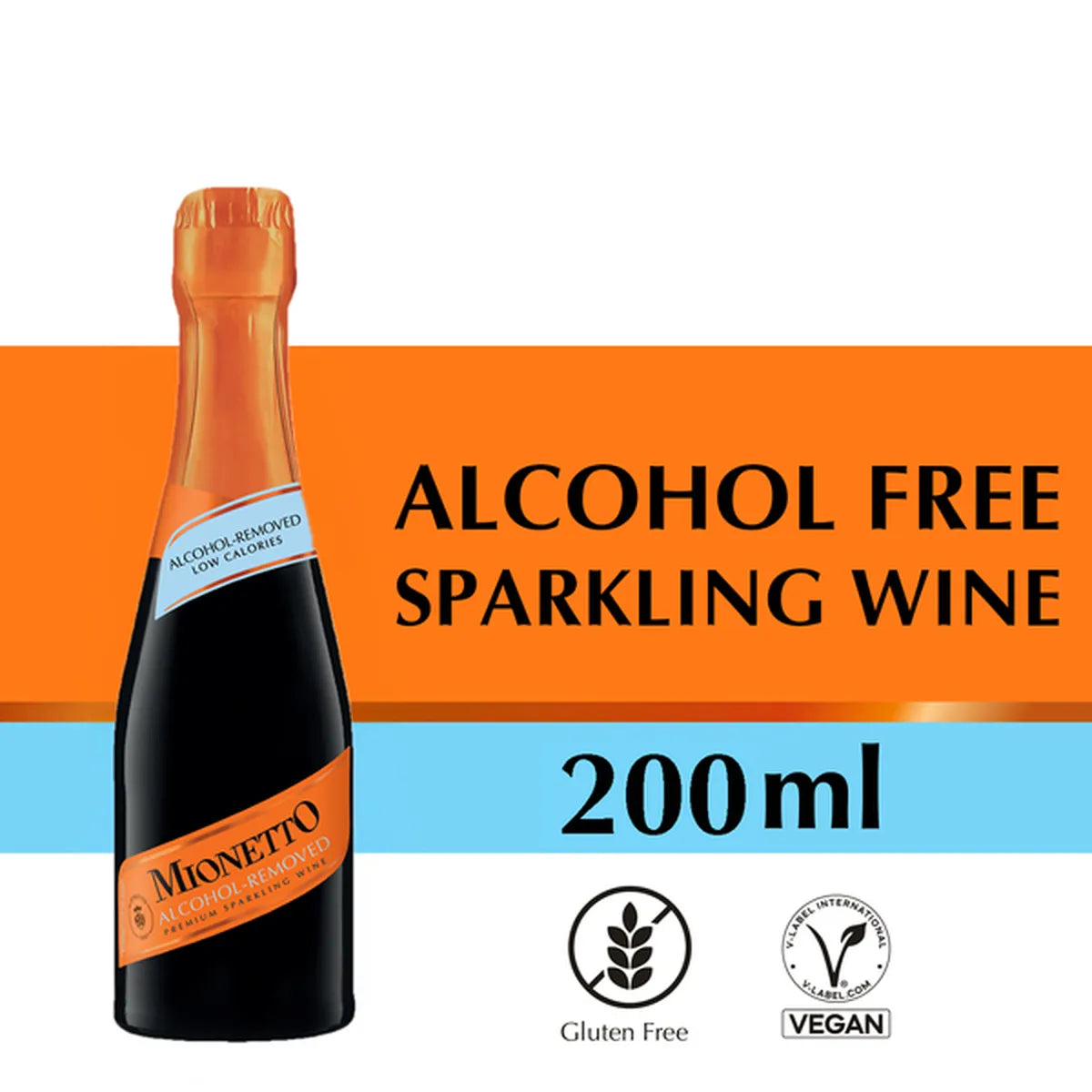 Bottle of Mionetto alcohol-free sparkling wine with labels indicating gluten-free and vegan status on a white background.