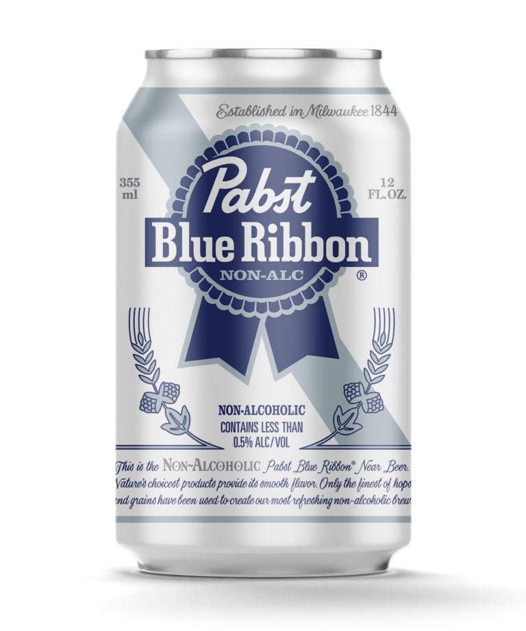 Pabst Blue Ribbon non-alcoholic beer can on a white background