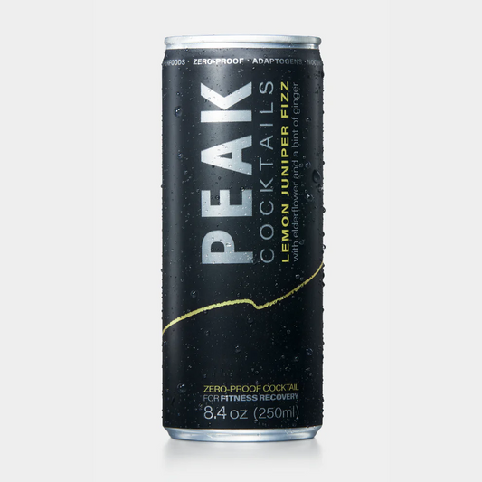 A can of Peak Cocktails Lemon Juniper Fizz, which is a zero-proof, lightly carbonated cocktail with Sicilian lemon and gin botanicals.