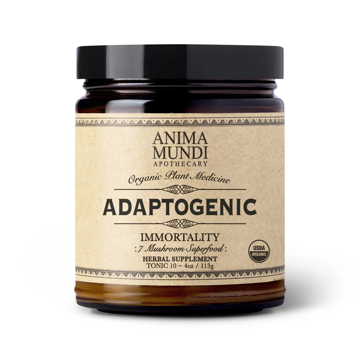 A jar of Anima Mundi Apothecary Adaptogenic Immortality herbal supplement, featuring a black lid and a textured beige label on an amber glass jar, set against a plain white background.