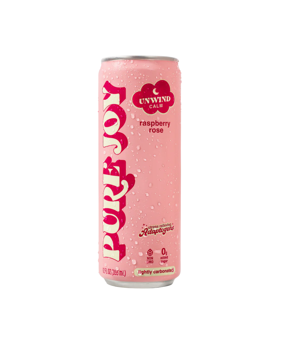 A can of Pure Joy UNWIND beverage with Raspberry Rose flavor.